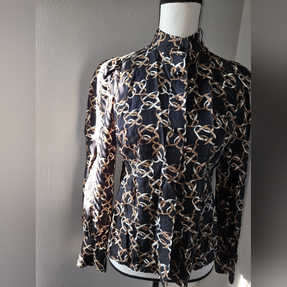 Banana Republic Black and Tan Long Sleeve Blouse with Mandarin Collar